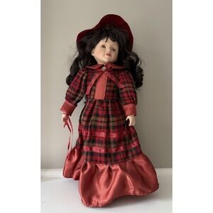 16" Porcelain Doll Marked Plaid Dress Hat Brown Curls Vintage Style